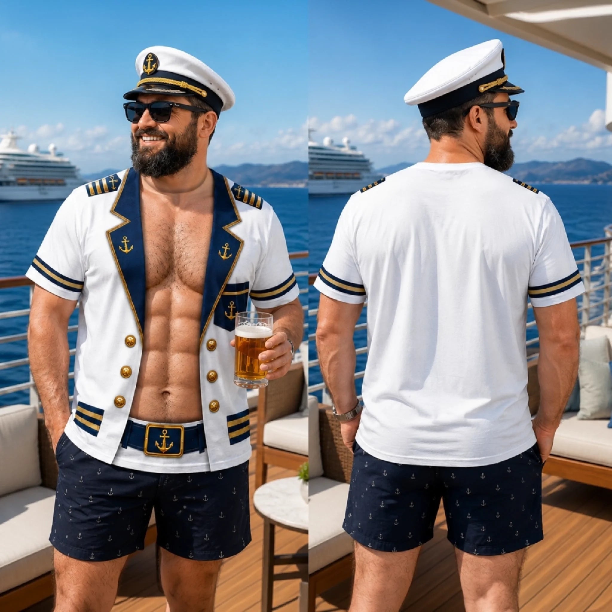 Custom Skin Tone Captain of Chaos T-Shirt – Personalized Funny Nautical Uniform Illusion Shirt, Birthday and Boat Party Gift for Men