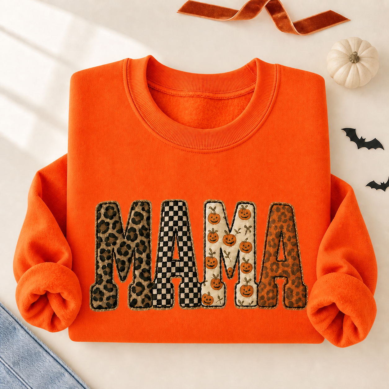 MAMA Patchwork Pumpkin Sweatshirt – Leopard & Checkerboard Fall Crewneck, Halloween Gift for Mom