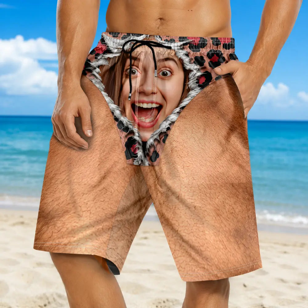 Custom Photo Funny Unisex Swim Trunks – Personalized Face-on-Underwear Illusion Beach Shorts, Summer Vacation Gift