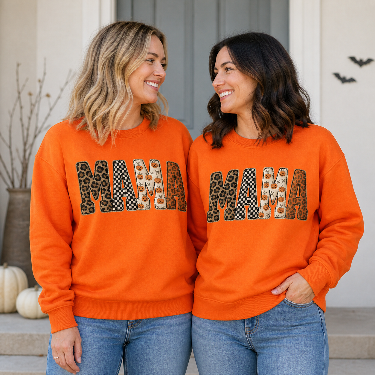 MAMA Patchwork Pumpkin Sweatshirt – Leopard & Checkerboard Fall Crewneck, Halloween Gift for Mom