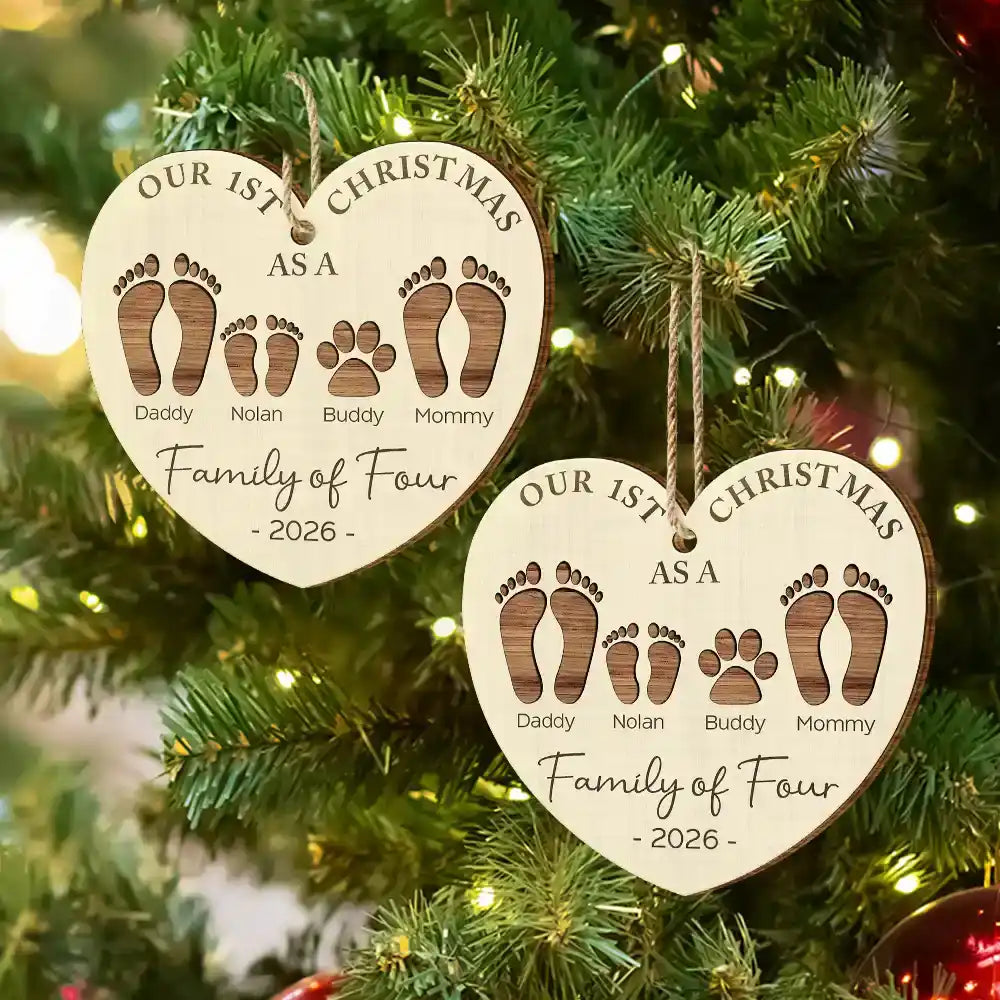 Personalized First Christmas as a Family of Four Wooden Ornament – Custom Footprints & Paw Print Christmas Tree Gift