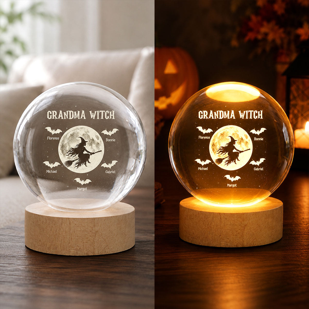 Grandma Witch Personalized Crystal Ball Night Light – Custom Kids‘ Names Halloween Gift, Spooky Keepsake for Grandma