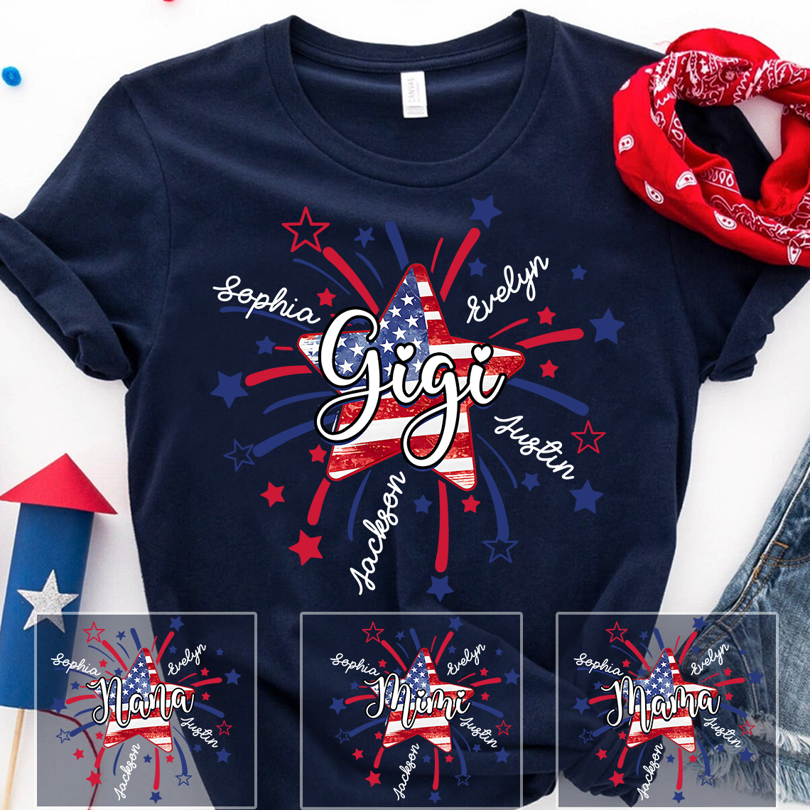 Personalized 4th of July Grandma T-Shirt – American Flag Star Firework Tee with Grandkids’ Names, Patriotic Gift for Grandma