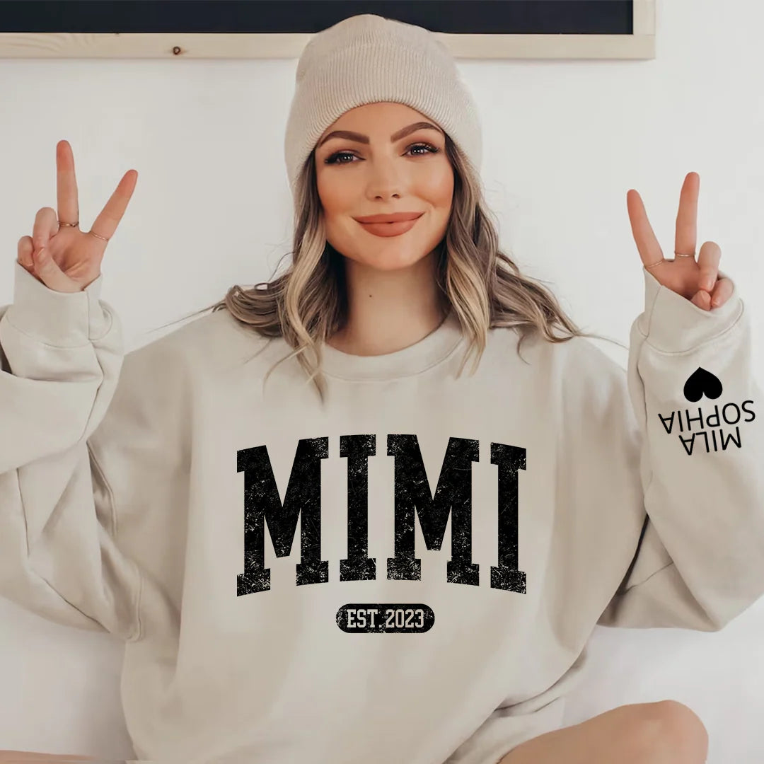 Custom Mimi Est Year Sweatshirt - Personalized with Grandkids Names on Sleeve