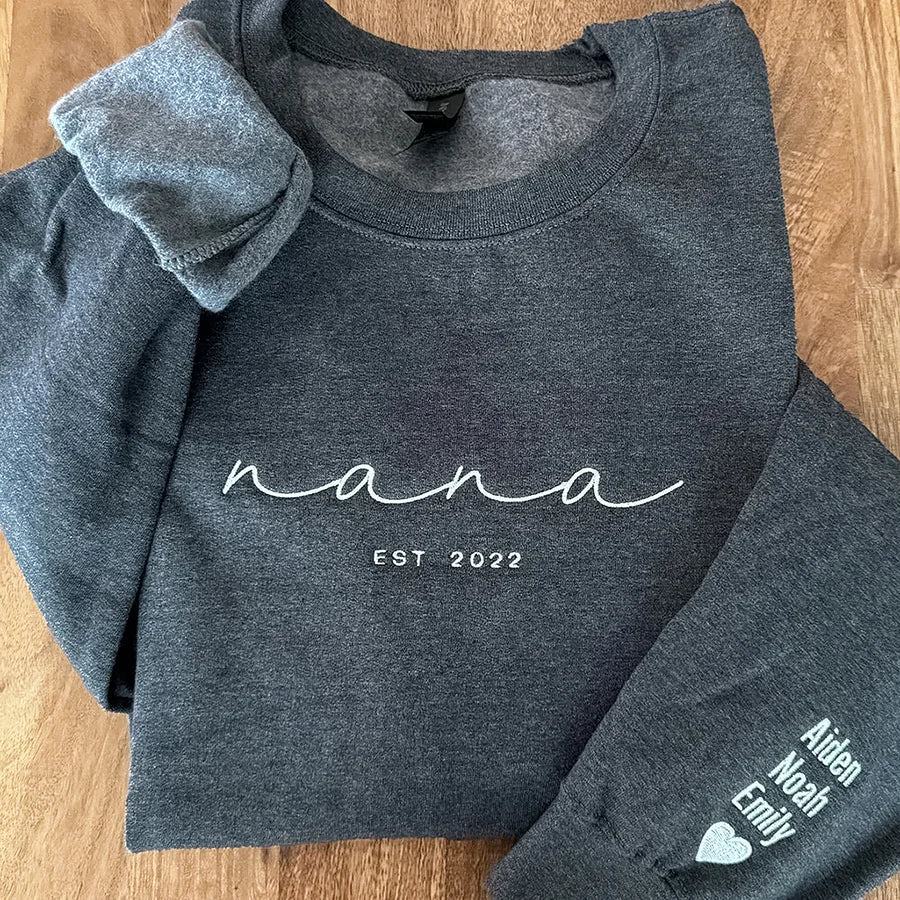 Personalized Embroidered Grandma Sweatshirt - Custom EST Date & Kids Names on Sleeve, Grandma Gift