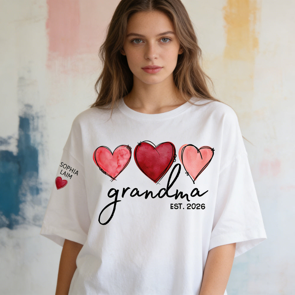 Custom Watercolor Hearts Design Grandma T-Shirt - Personalized with Grandkids Names on Sleeve