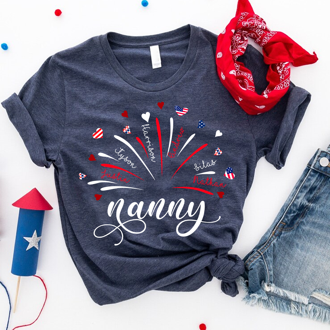 Personalized 4th of July Grandma T-Shirt - Custom Grandkids Names Fireworks America Flag Design, Grandma/ Grammy/ Nana/ Mimi Shirt