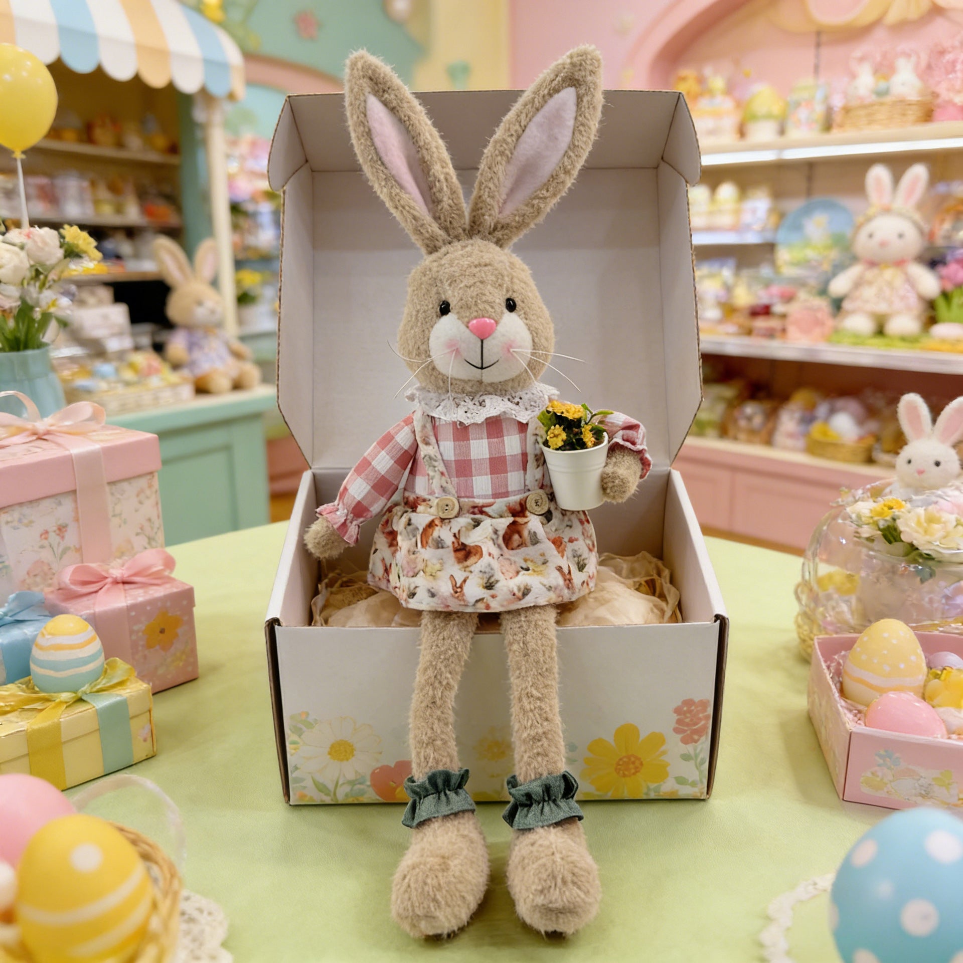 Dangling Leg Easter Bunny Couple Plush - Sitting Rabbit Figurines with Carrot & Flower Pot for Shelf Decor
