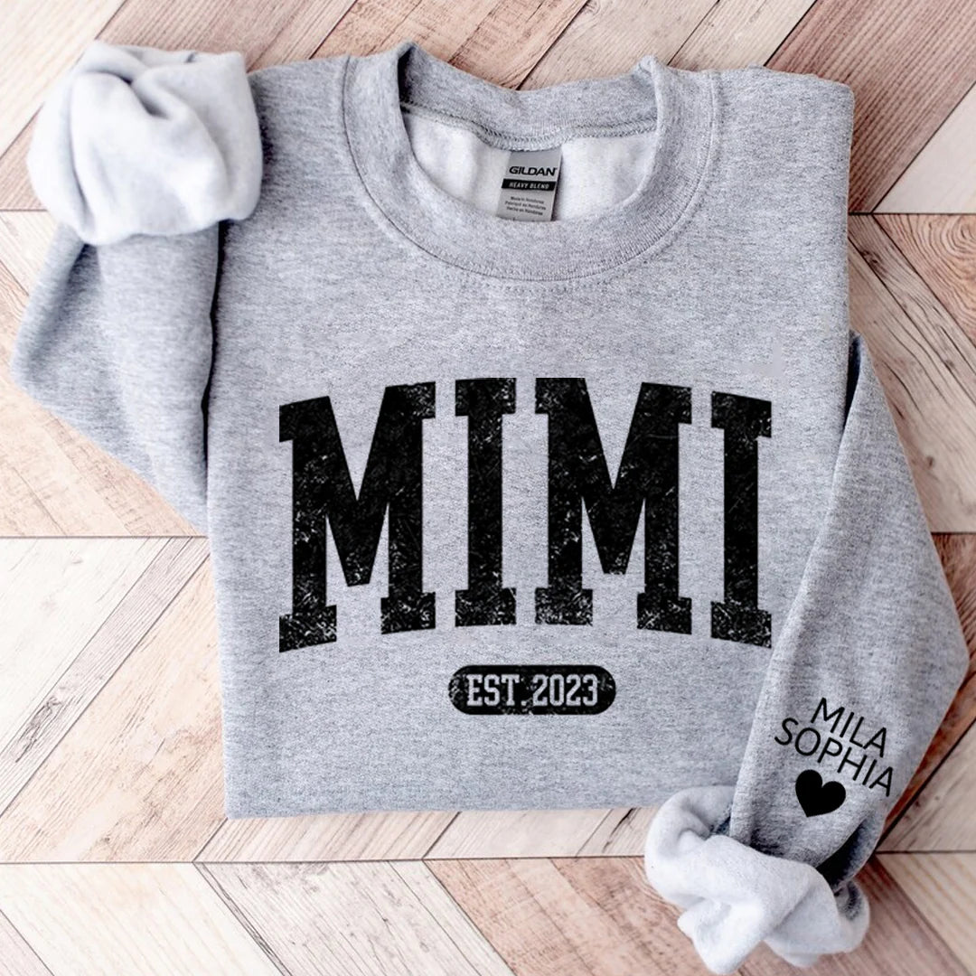 Custom Mimi Est Year Sweatshirt - Personalized with Grandkids Names on Sleeve