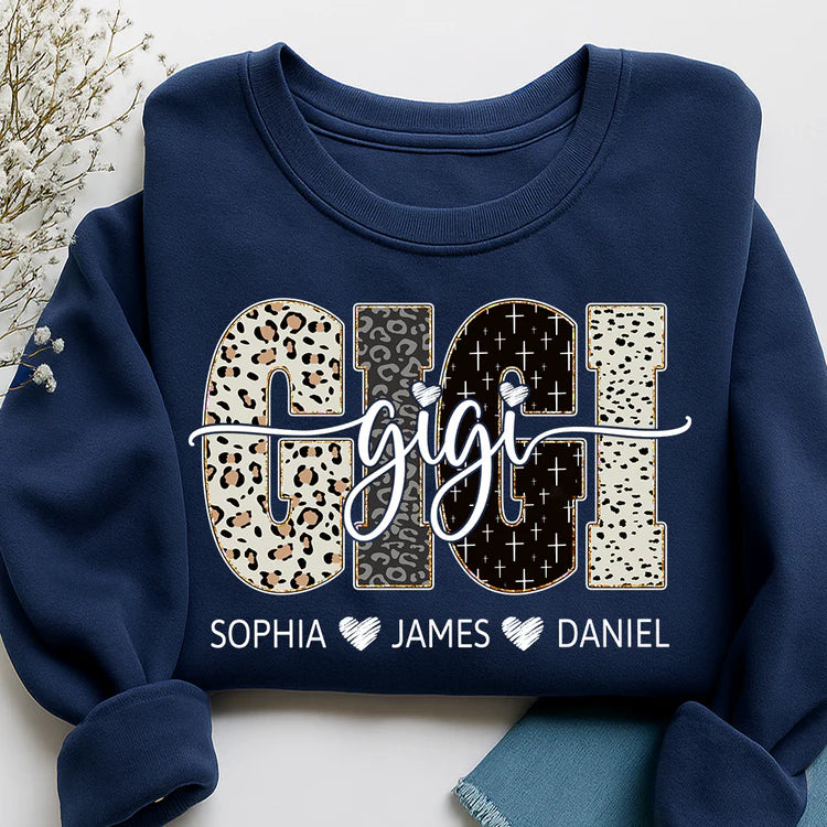 Custom Leopard & Patterned GIGI Sweatshirt - Personalized with Grandkids Names on Front