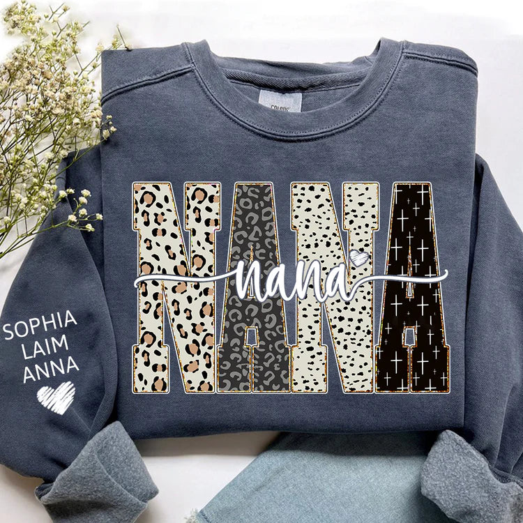Custom Leopard & Patterned Nana Sweatshirt - Personalized with Grandkids Names on Sleeve