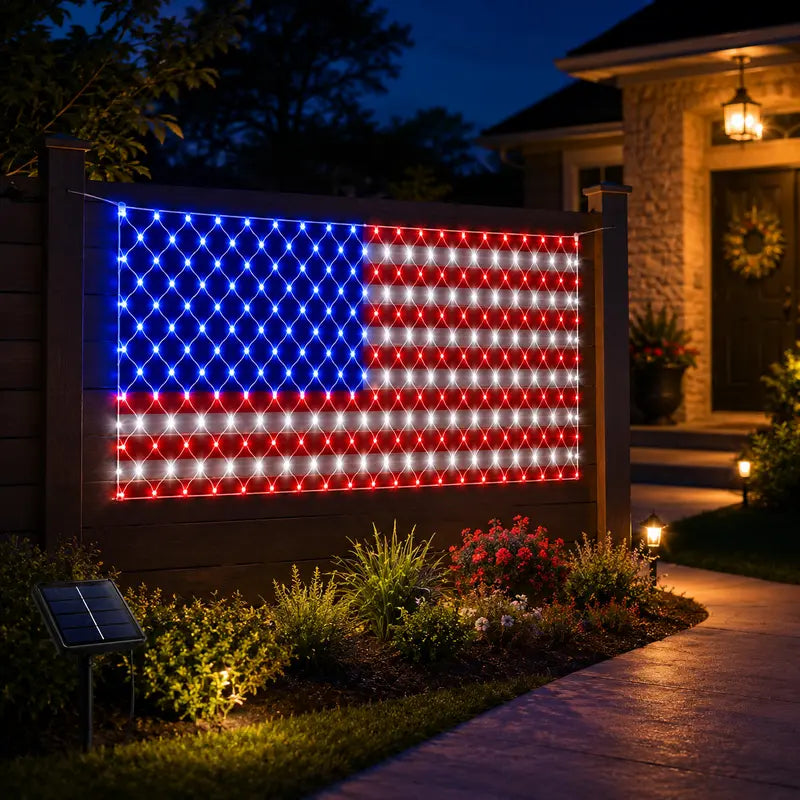 USA Solar Powered American Flag Net Lights, Red White Blue Patriotic Outdoor Hanging Decor for 4th of July, Memorial Day, Labor Day Yard Patio Decoration
