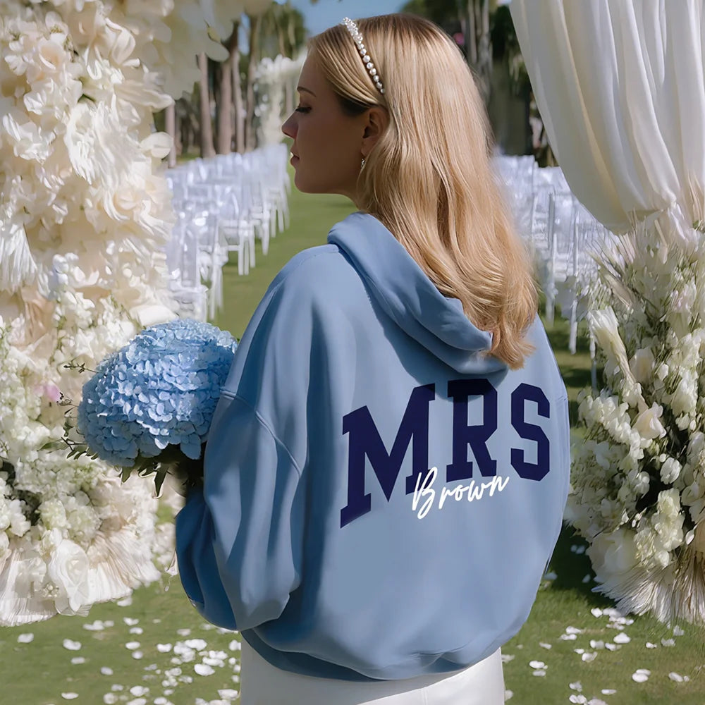 Personalized Mrs Multicolor Soft Sweatshirt Hoodie with Surname Bridal Shower Honeymoon Gift for Bride