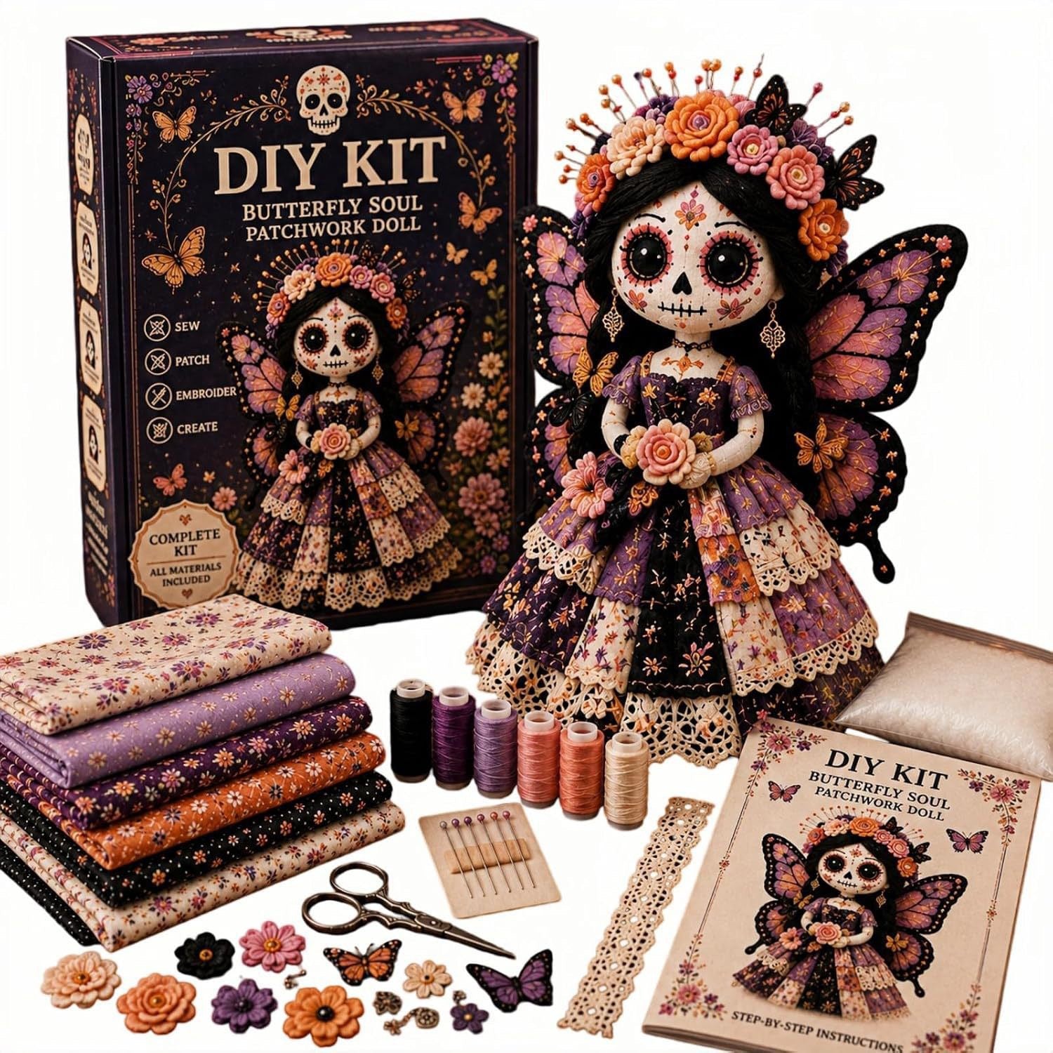 DIY Patchwork Doll Sewing Kit – Day of the Dead Marigold Spirit Doll Craft Set, Halloween & Día de los Muertos Gift