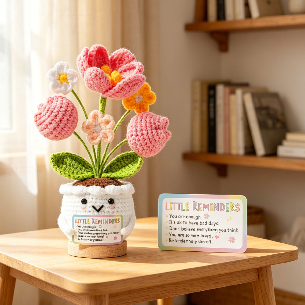 Handmade Crochet Tulip Potted Plant with I Love You Mom Message Card, Knitted Flower Desk Decor, Sweet Mother’s Day Gift for Mom