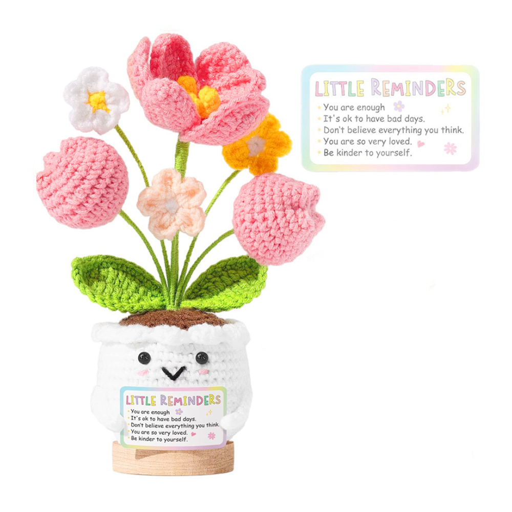 Handmade Crochet Tulip Flower Pot with Thank You Tag, Cute Knitted Potted Flower Desk Decor