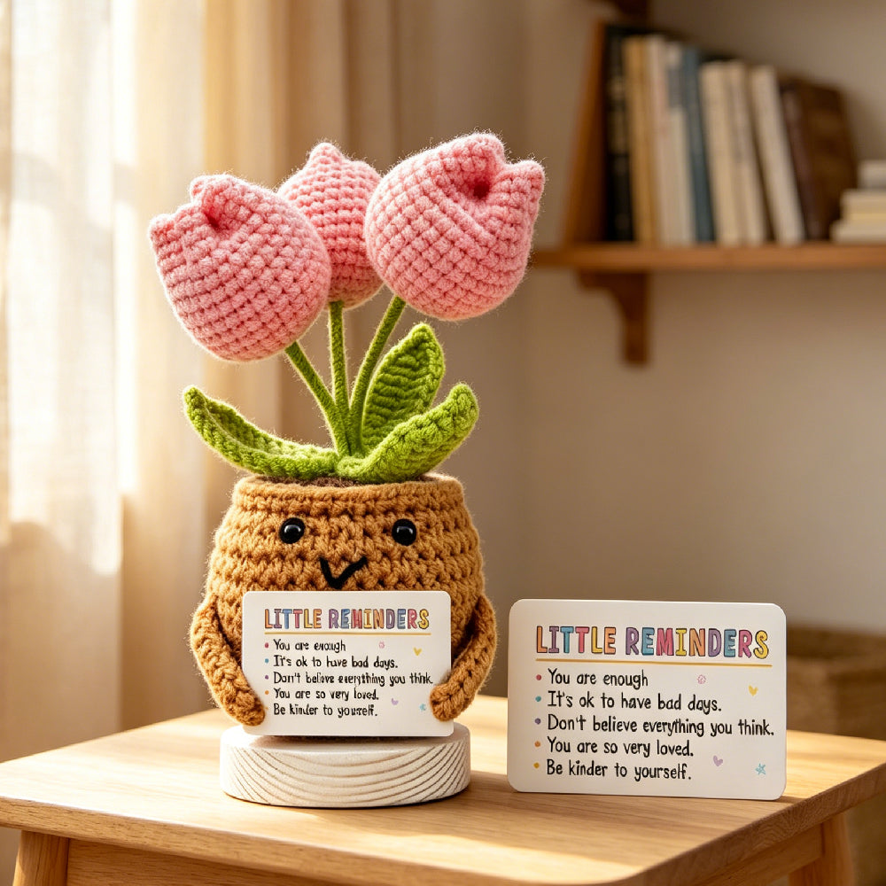 Handmade Crochet Tulip Potted Plant with Mom Love Quote Card, Colorful Knitted Flower Desk Ornament, Sentimental Mother’s Day Gift for Mom
