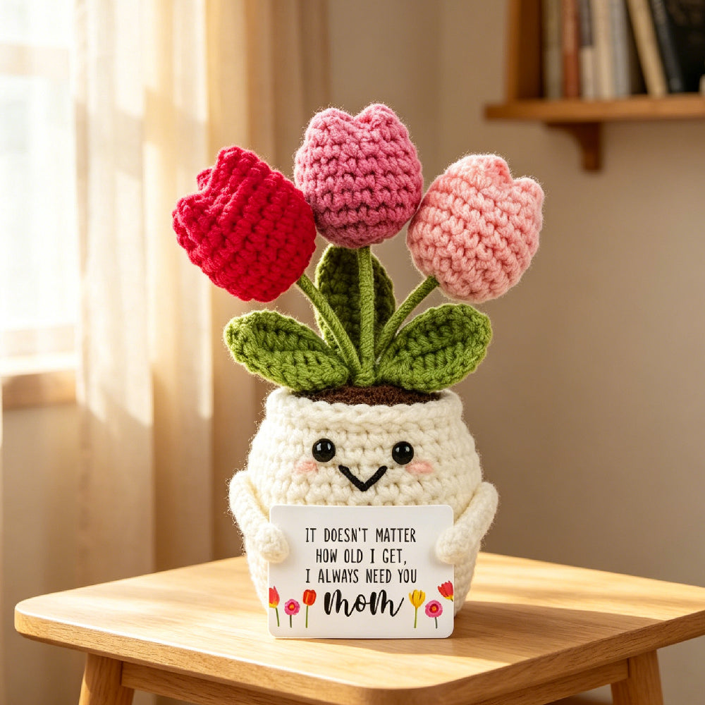 Handmade Crochet Purple Pink Tulip Potted Plant with I Love You Mom Heart Quote Card, Brown Knitted Flower Pot Desk Ornament, Sweet Mother’s Day Gift for Mom