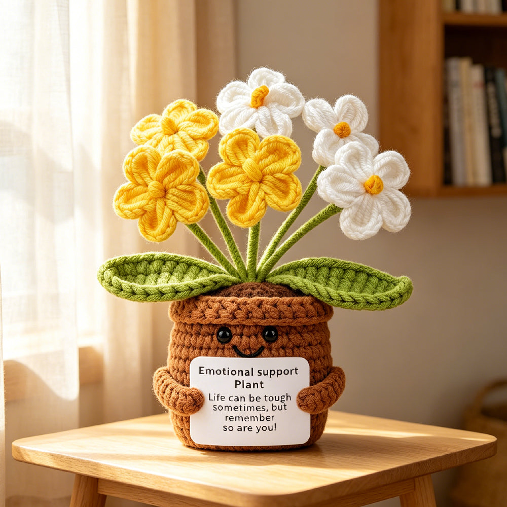 Handmade Crochet Dual Pink Flower Emotional Support Plant Potted Decor, Positive Affirmation Knitted Flower Desk Ornament, Comfort Encouragement Gift for Friends Coworkers