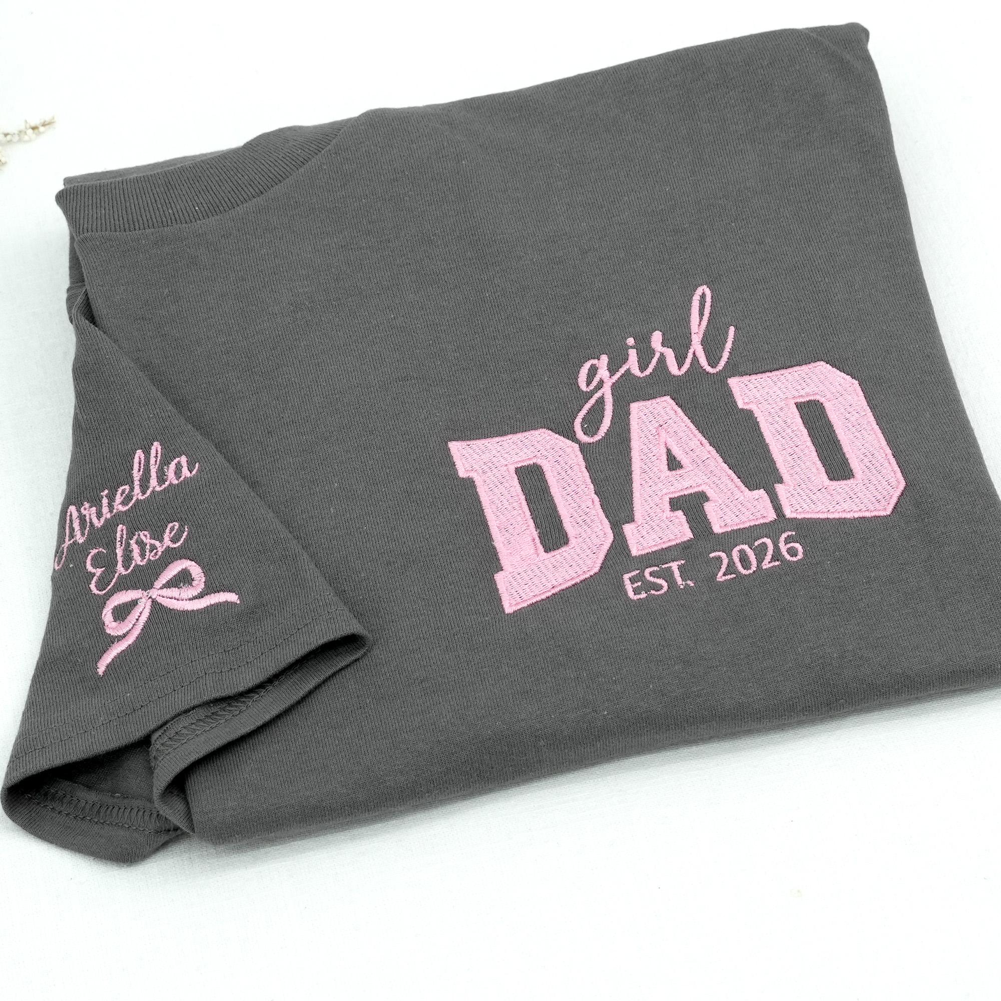 Custom Embroidered Girl Dad T-Shirt - Personalized Kids Names on Sleeve, EST Year Father's Day Gift