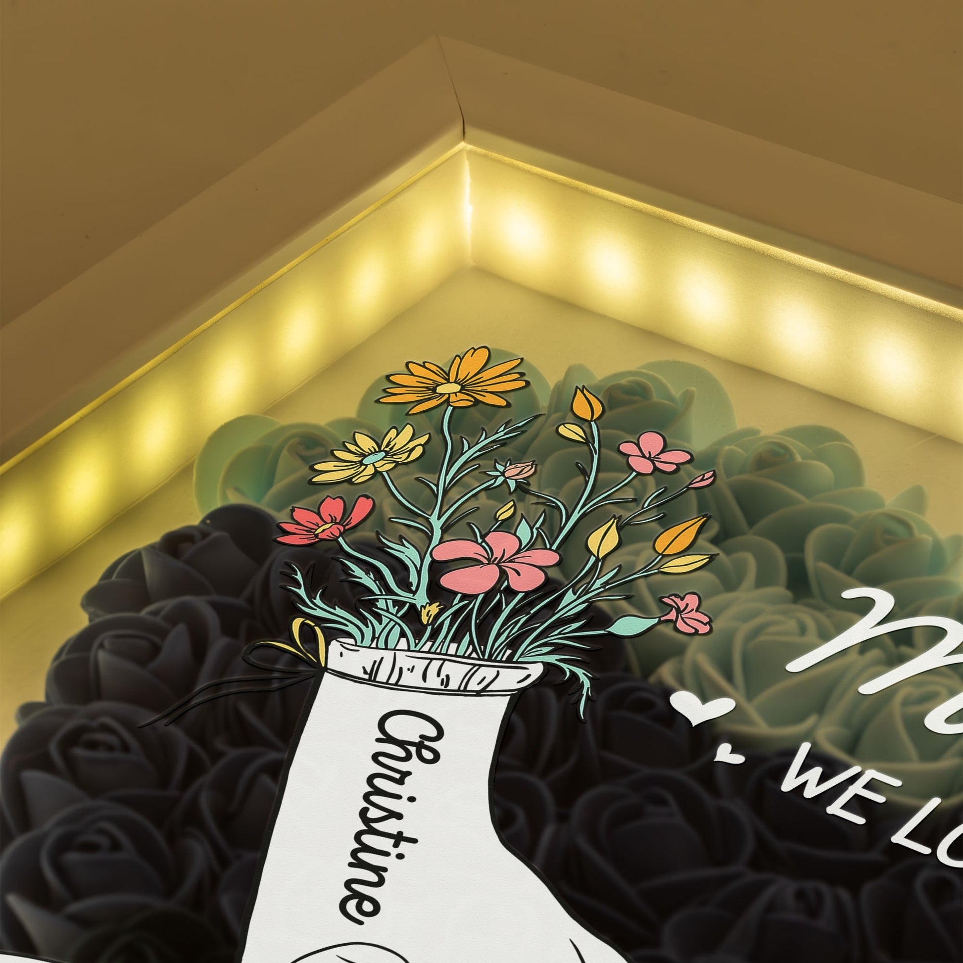 Personalized LED Light-Up Mommy Flower Shadow Box with Kids Names, Custom Mom Hands Holding We Love You Gift