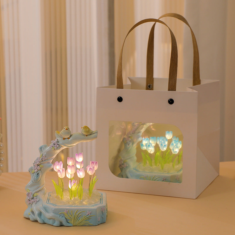 Handmade Tulip Resin Night Light with Tree & Bird Sculpture, Cute Floral Table Lamp for Bedroom Decor, Romantic Birthday & Housewarming Gift
