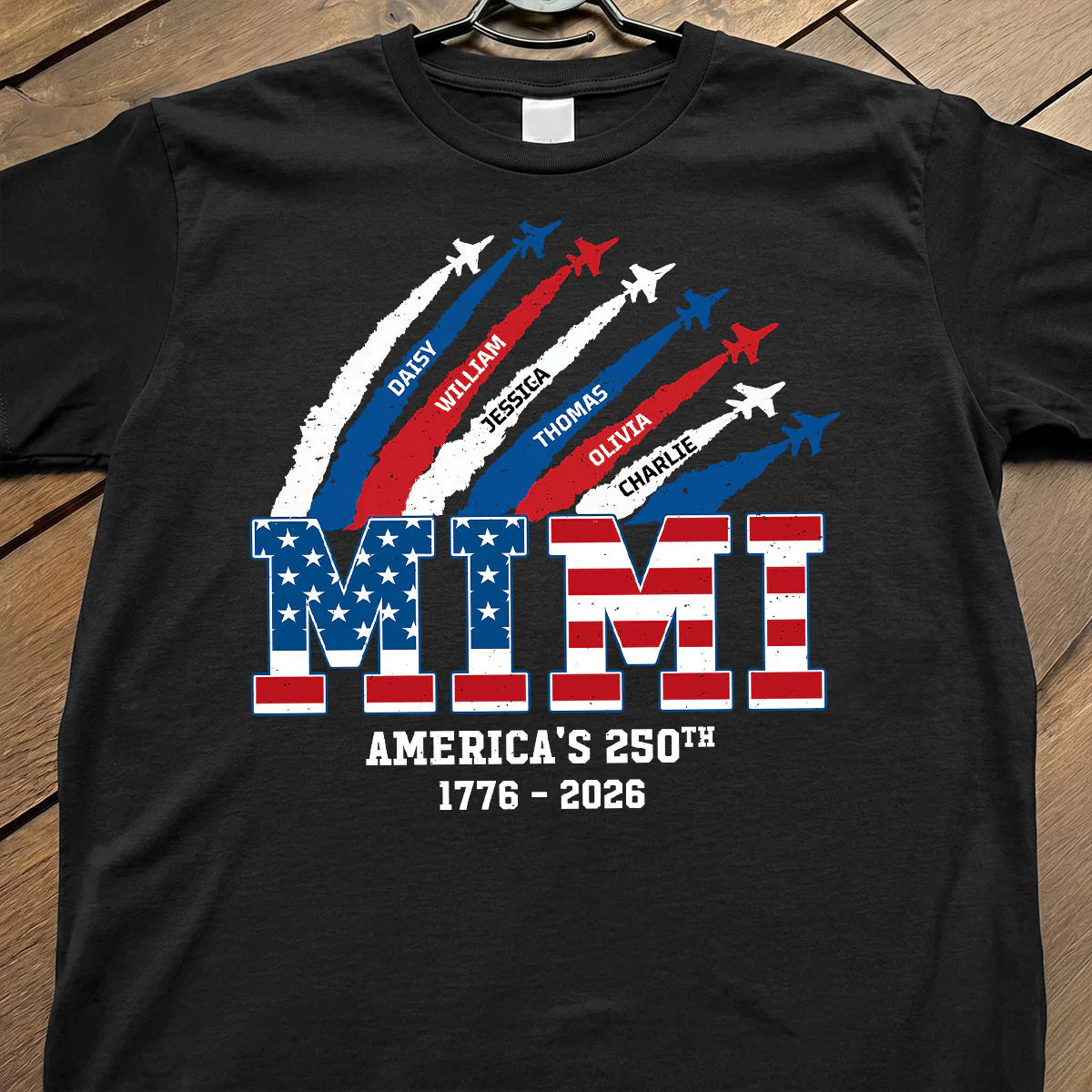 Personalized America's 250th Anniversary Nana Shirt - Patriotic Airplane Trail T-Shirt with Grandkids Names, Custom Grandma/Mom 4th of July Tee