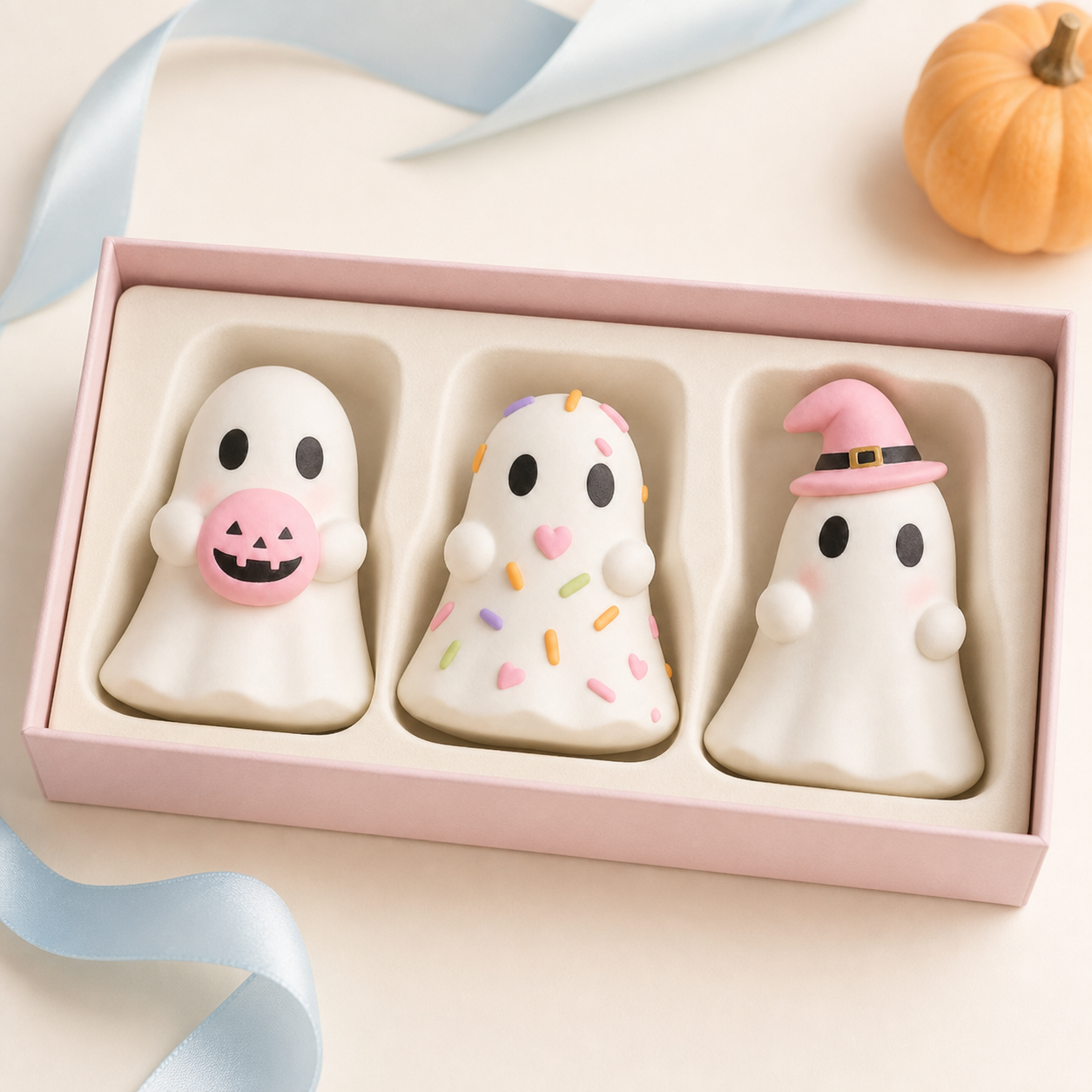 Cute Pink Pumpkin Ghost Figurine – Halloween Tabletop Decor, Spooky Fall Gift