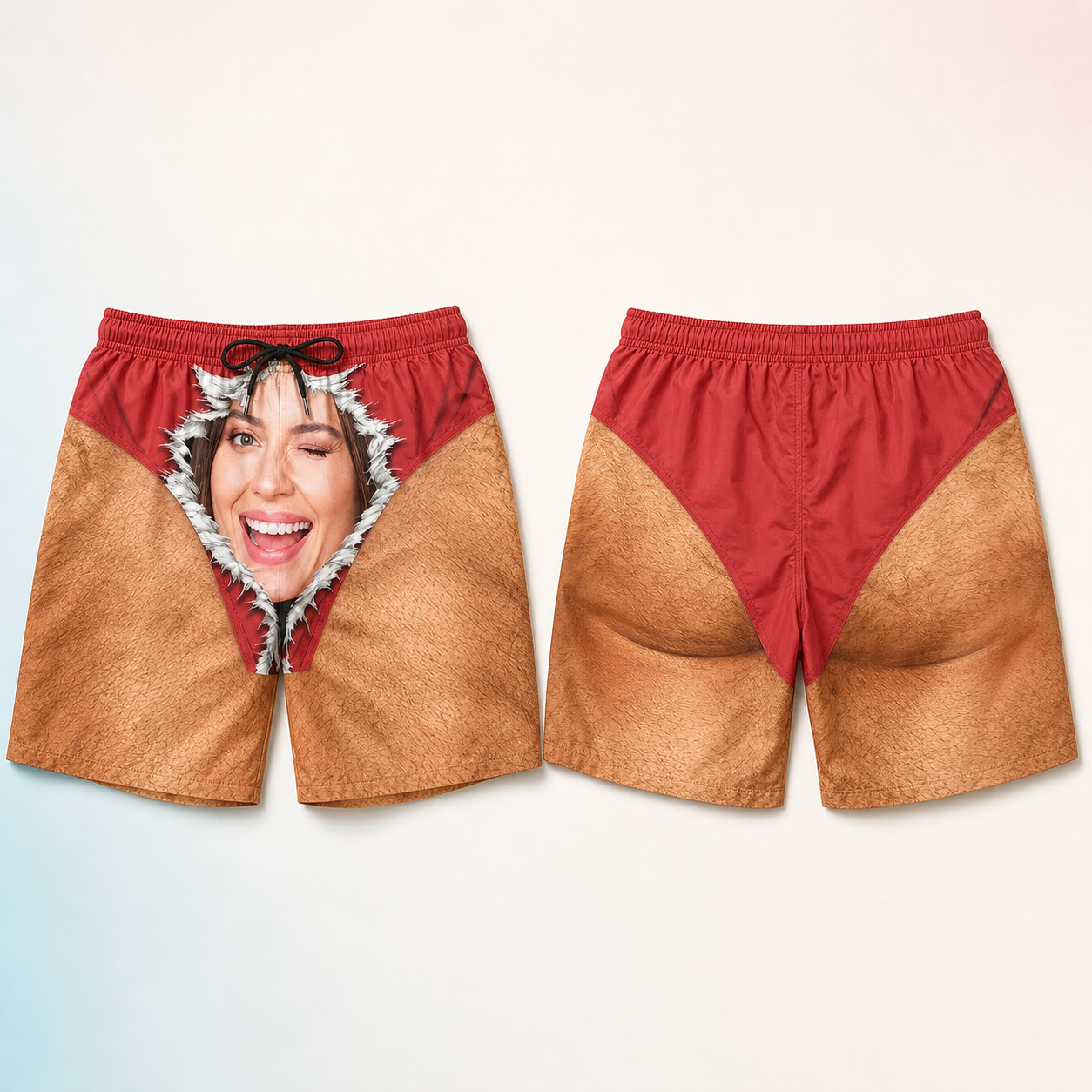Custom Photo Funny Unisex Swim Trunks – Personalized Face-on-Underwear Illusion Beach Shorts, Summer Vacation Gift