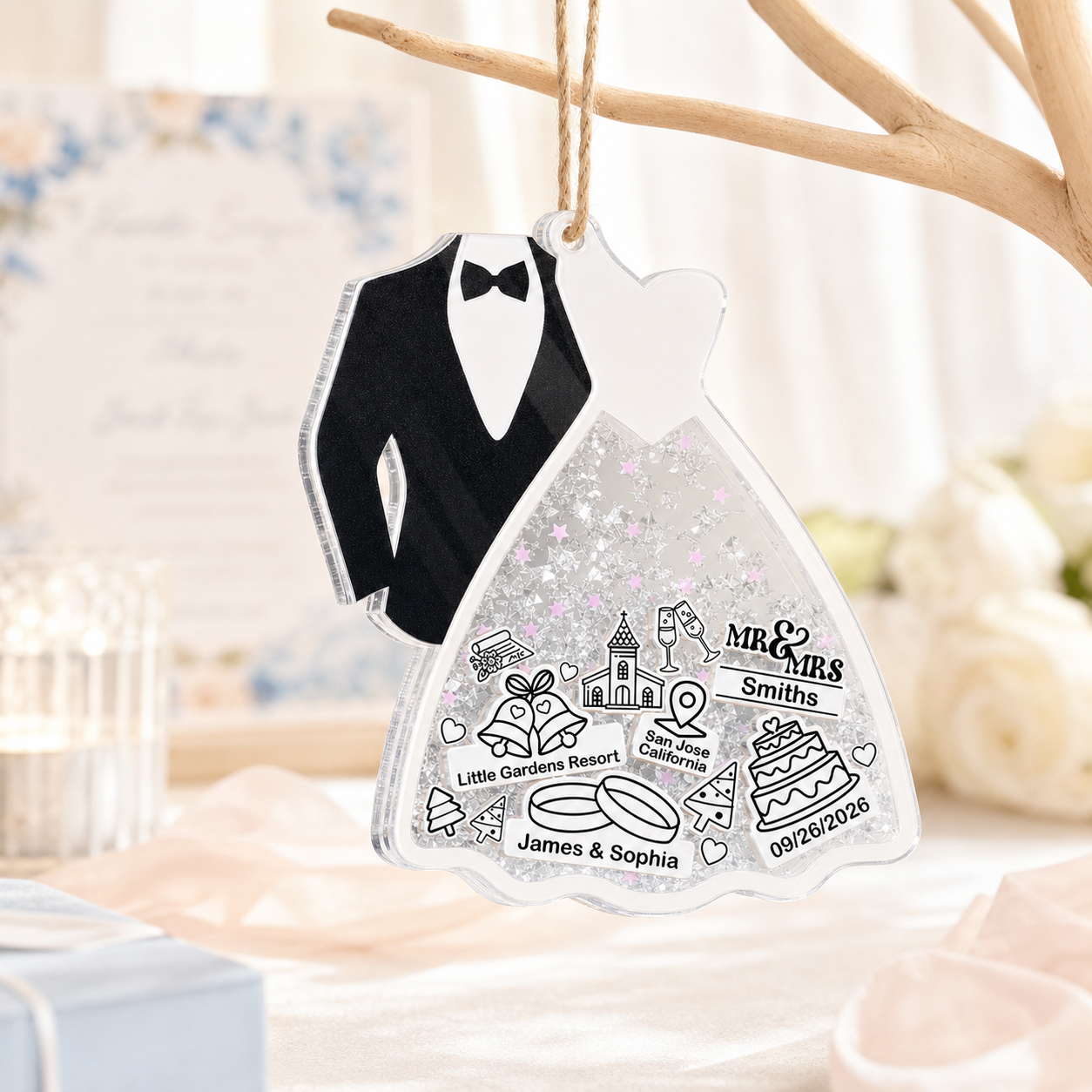 Personalized First Christmas Married Ornament – 3-Layer Acrylic Shaker Bride & Groom Ornament, Newlywed Christmas Gift