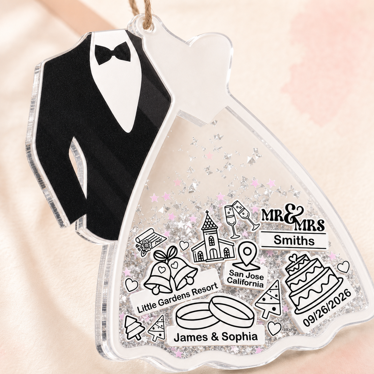 Personalized First Christmas Married Ornament – 3-Layer Acrylic Shaker Bride & Groom Ornament, Newlywed Christmas Gift