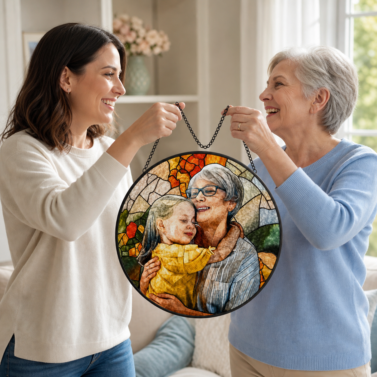 Custom Family Photo Stained Glass Style Suncatcher – Personalized Mom & Grandma Window Hanging, Mother’s Day Gift