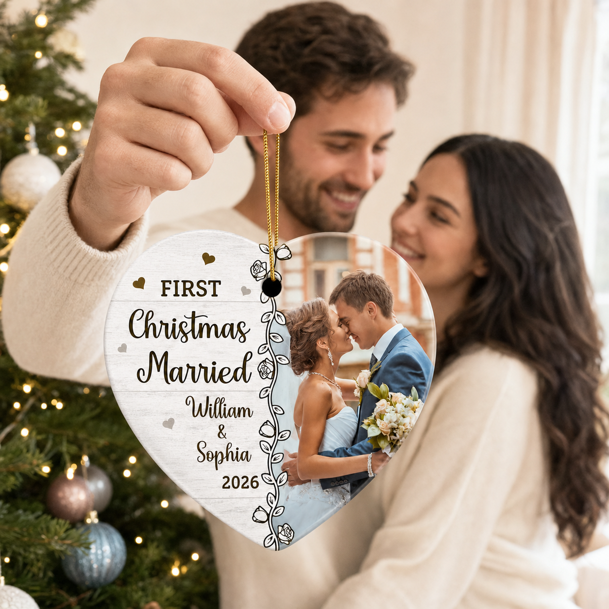 Custom Photo First Christmas Married Ornament – Personalized Heart Ceramic Christmas Tree Keepsake, Newlywed Gift