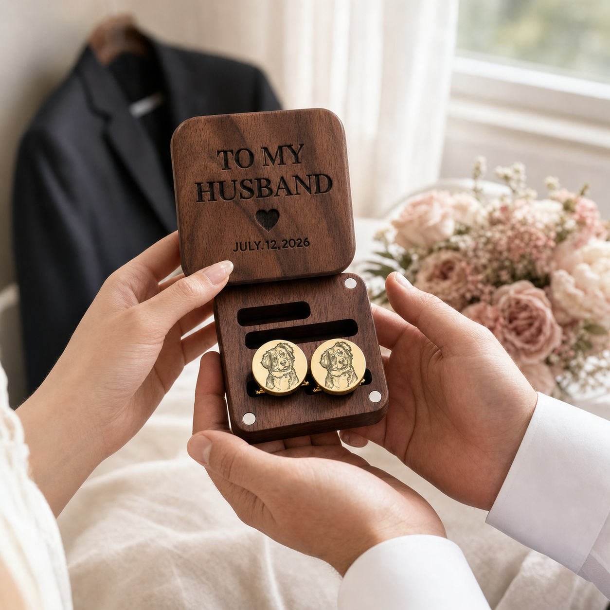 Custom Pet Photo Sketch Cufflinks – Personalized Circular Cufflinks with Gift Box, Anniversary Gift for Husband