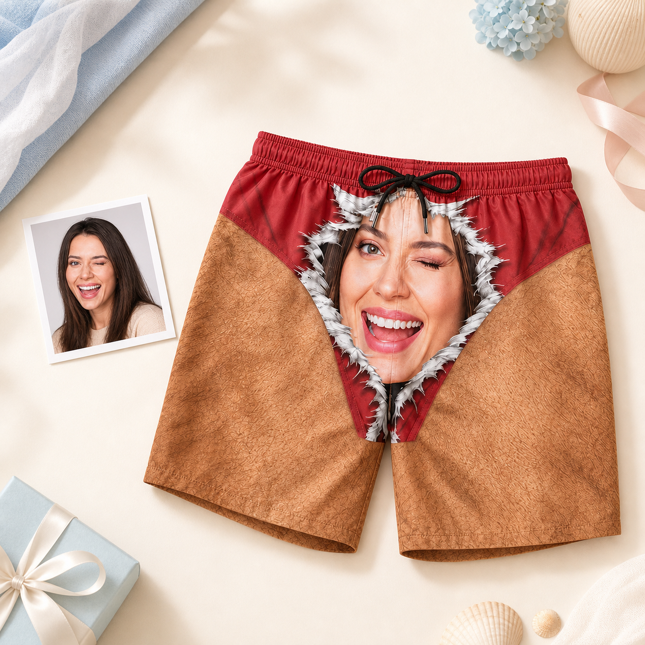 Custom Photo Funny Unisex Swim Trunks – Personalized Face-on-Underwear Illusion Beach Shorts, Summer Vacation Gift