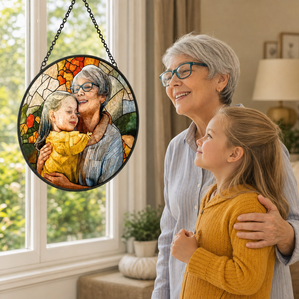 Custom Family Photo Stained Glass Style Suncatcher – Personalized Mom & Grandma Window Hanging, Mother’s Day Gift