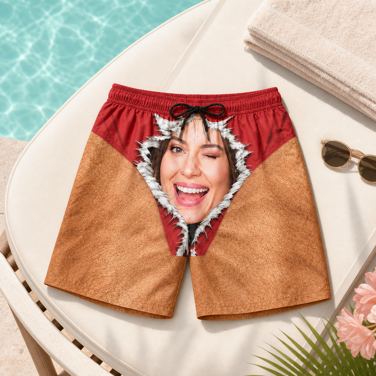 Custom Photo Funny Unisex Swim Trunks – Personalized Face-on-Underwear Illusion Beach Shorts, Summer Vacation Gift