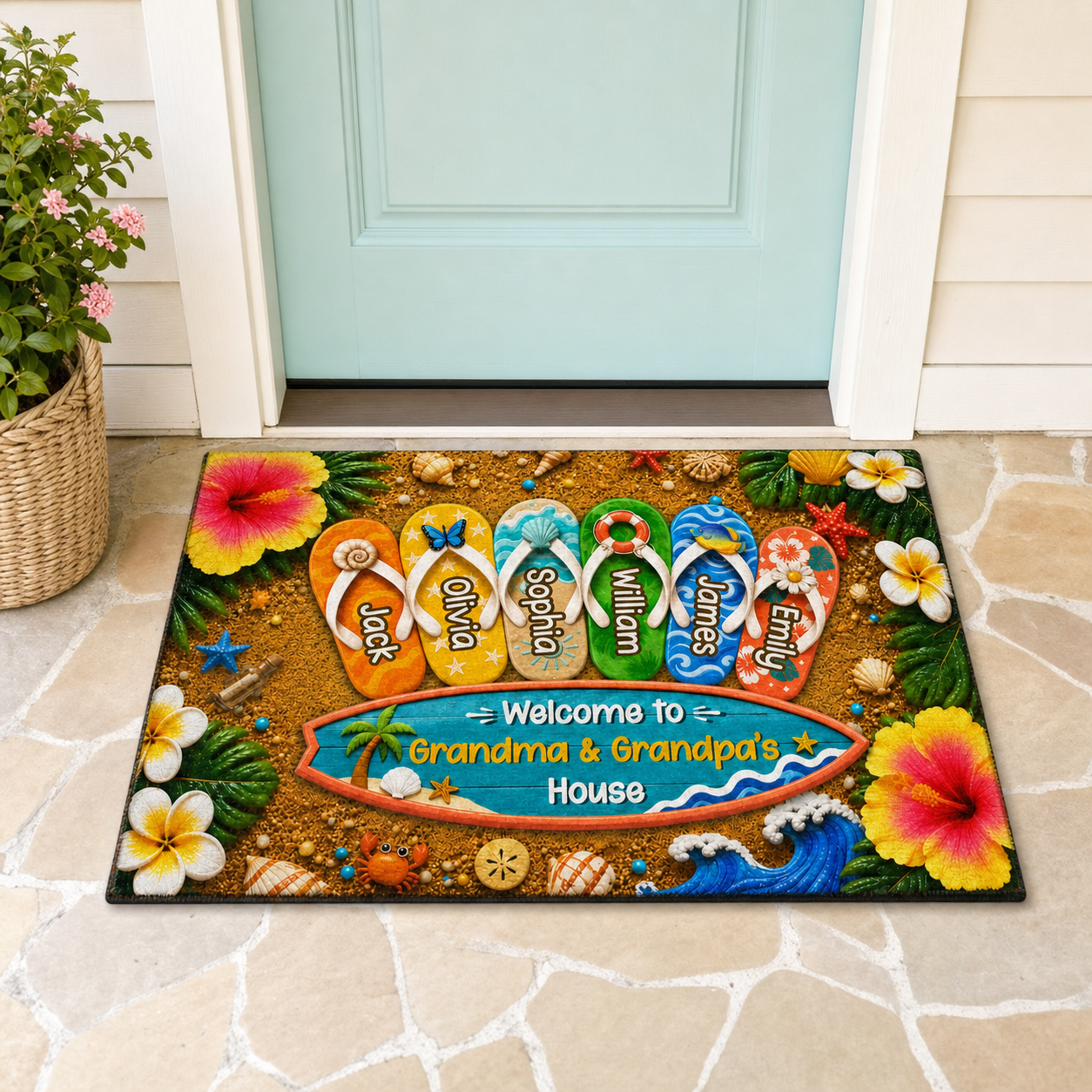 Personalized Grandma & Grandpa Doormat with Grandkids’ Names – Coastal Flip-Flop Welcome Mat, Housewarming Gift