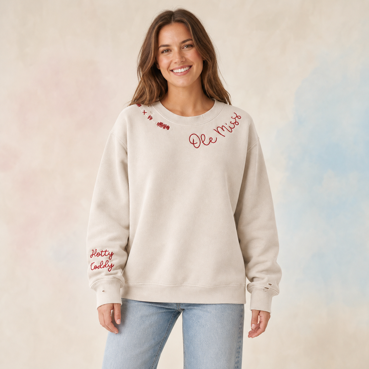 Vintage Custom Embroidered Sweatshirt – Personalized Text Distressed Crewneck or Hoodie, Hand-Loved Style Gift Apparel