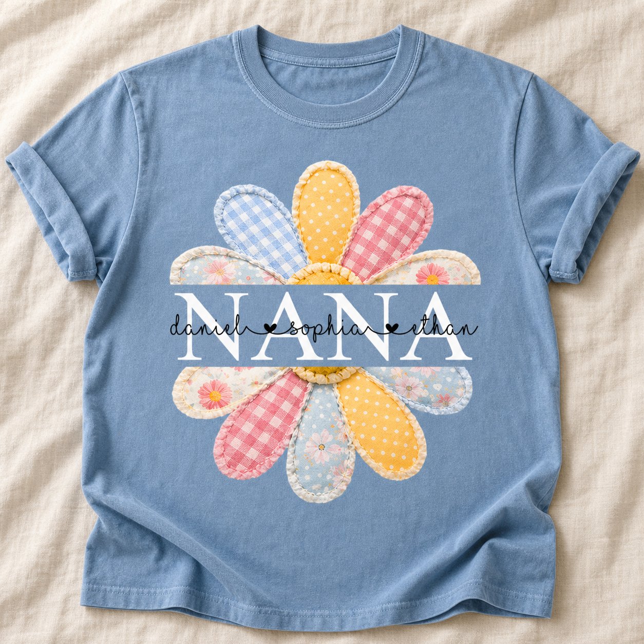 Personalized Nana Shirt with Grandkids’ Names – Patchwork Daisy Family T-Shirt, Mother’s Day Gift from Grandkids