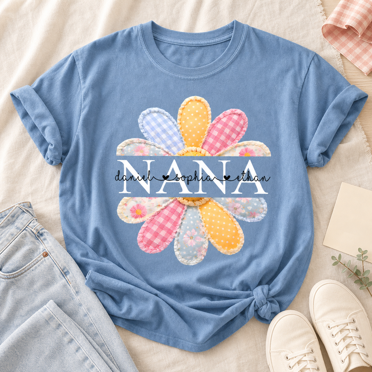 Personalized Nana Shirt with Grandkids’ Names – Patchwork Daisy Family T-Shirt, Mother’s Day Gift from Grandkids