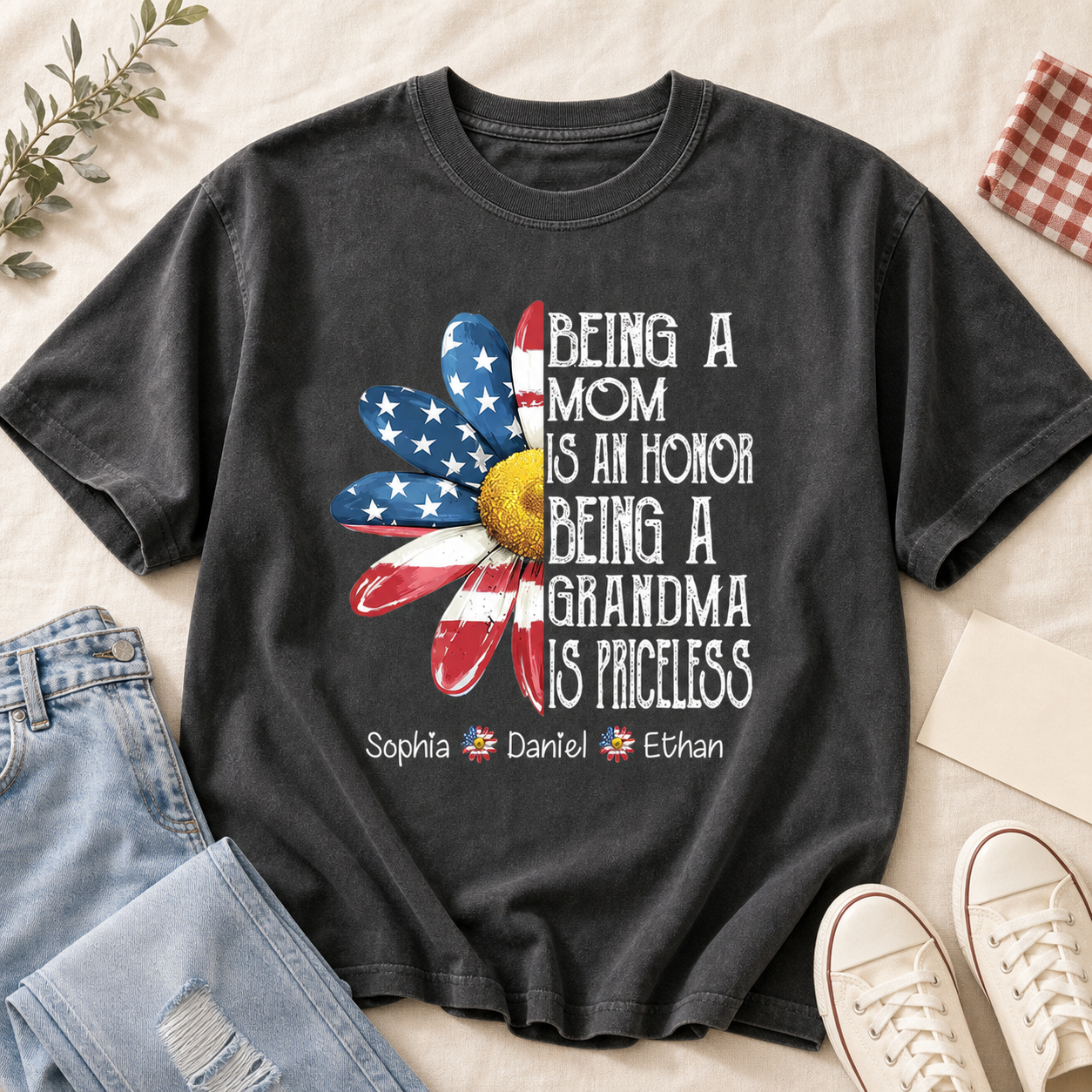 Personalized Patriotic Grandma Shirt with Grandkids’ Names – “Being a Mom Is an Honor” Fourth of July Gift