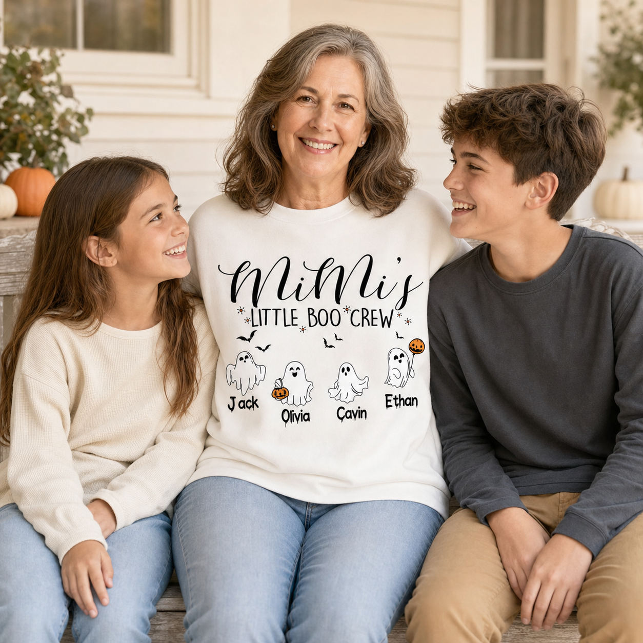 Personalized Mimi’s Little Boo Crew Sweatshirt with Grandkids’ Names – Cute Halloween Gift for Grandma