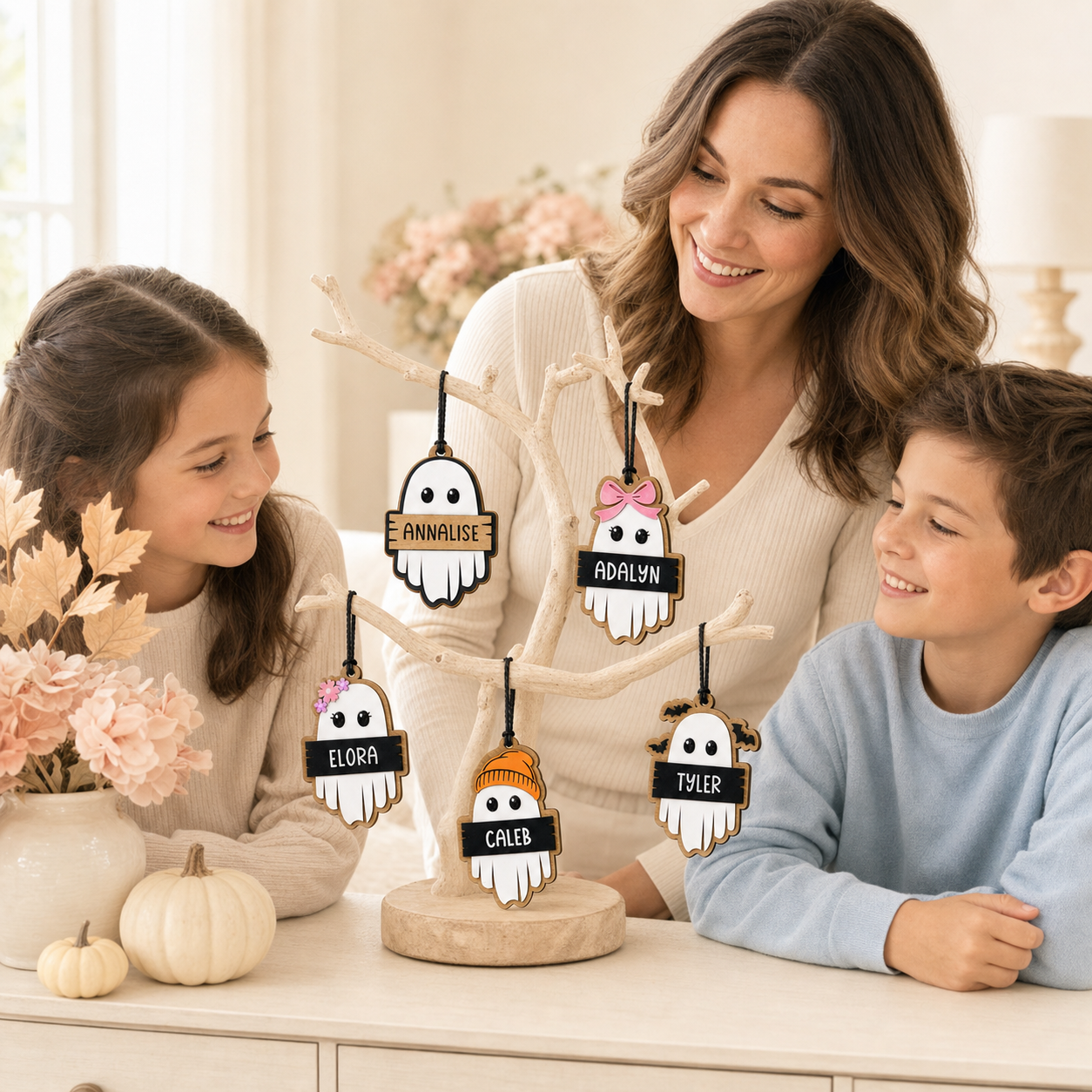 Personalized Wooden Ghost Name Ornament – Custom Halloween Hanging Decoration, Halloween Gift for Kids & Family