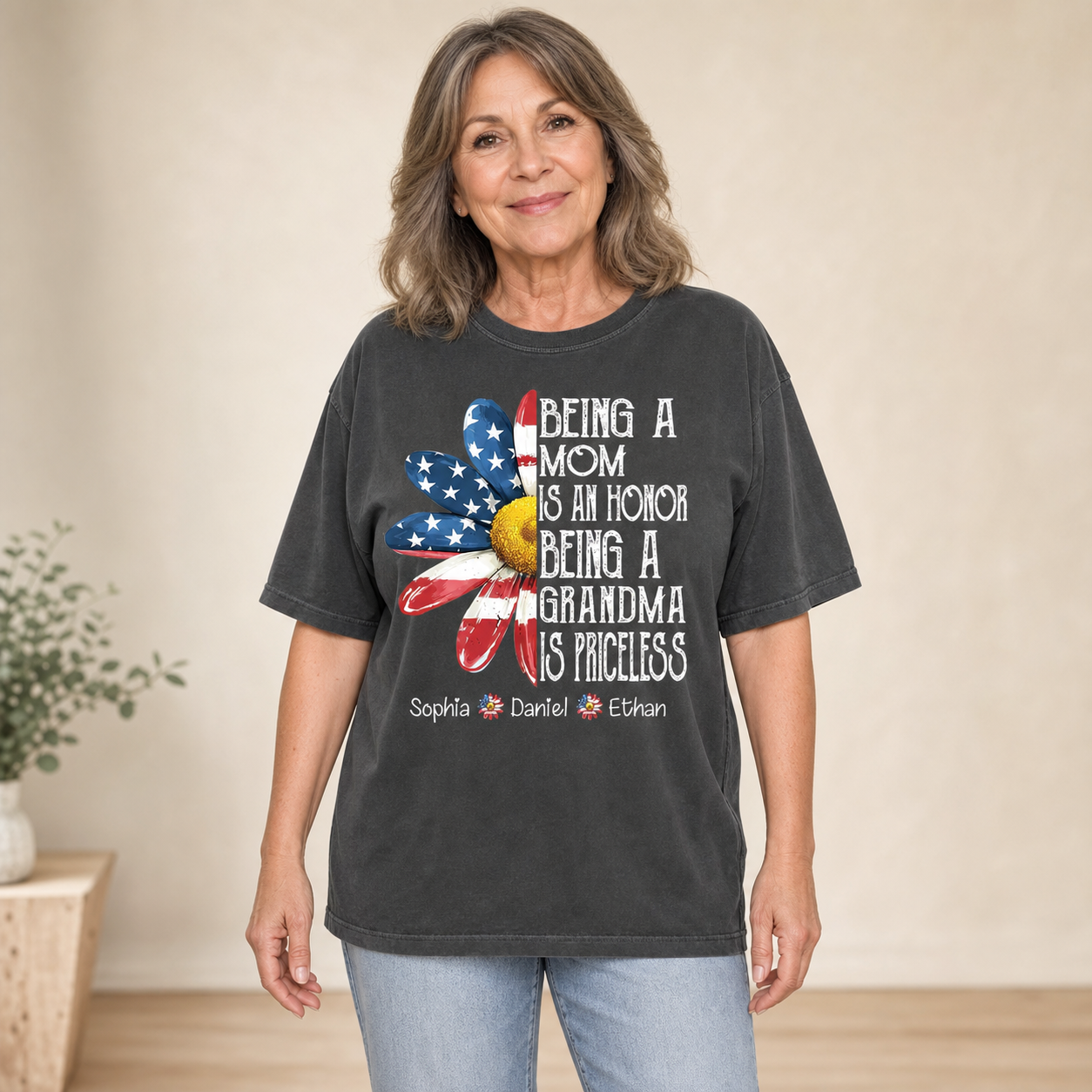 Personalized Patriotic Grandma Shirt with Grandkids’ Names – “Being a Mom Is an Honor” Fourth of July Gift