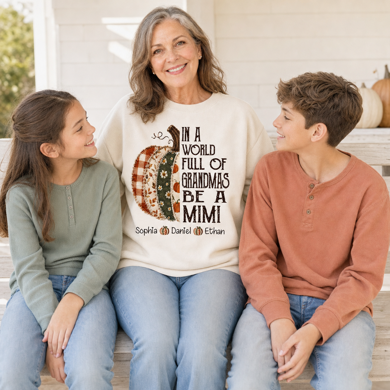 Personalized Mimi Pumpkin Sweatshirt with Grandkids’ Names – “In a World Full of Grandmas” Fall Gift from Grandkids