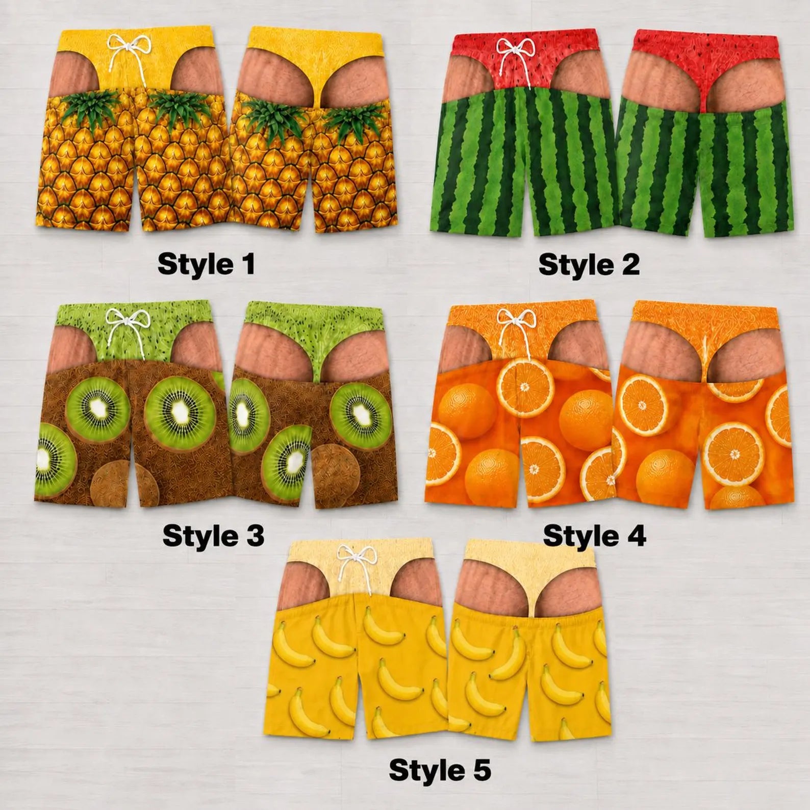 Custom Funny Men’s Swim Trunks with Tropical Fruit Illusion – Summer Vacation & Beach Party Gift for Him