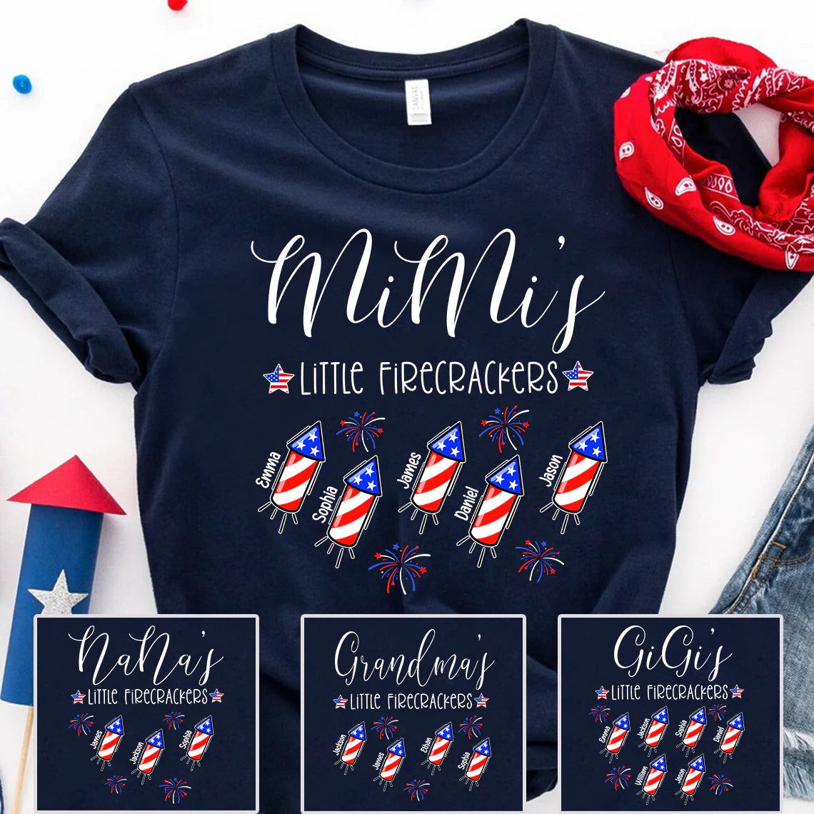 Custom Grandma’s Little Firecrackers 4th of July Shirt – Personalized Patriotic T-Shirt with Grandkids Names
