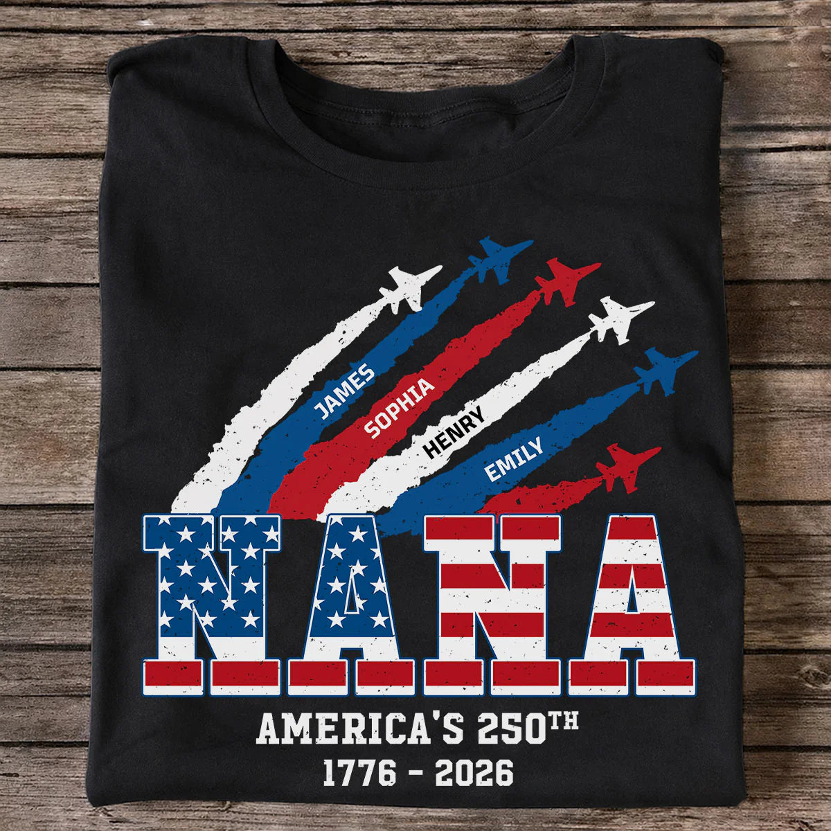 Personalized America's 250th Anniversary Nana Shirt - Patriotic Airplane Trail T-Shirt with Grandkids Names, Custom Grandma/Mom 4th of July Tee