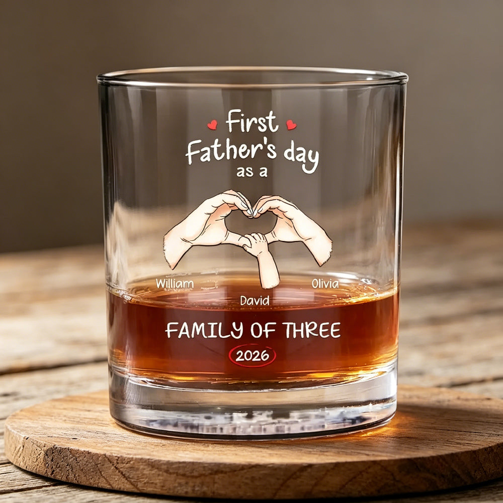 First Father’s Day As A Family Of Three Personalized Whiskey Glass – Custom Names & Year UV Printed Rocks Glass, New Dad Gift